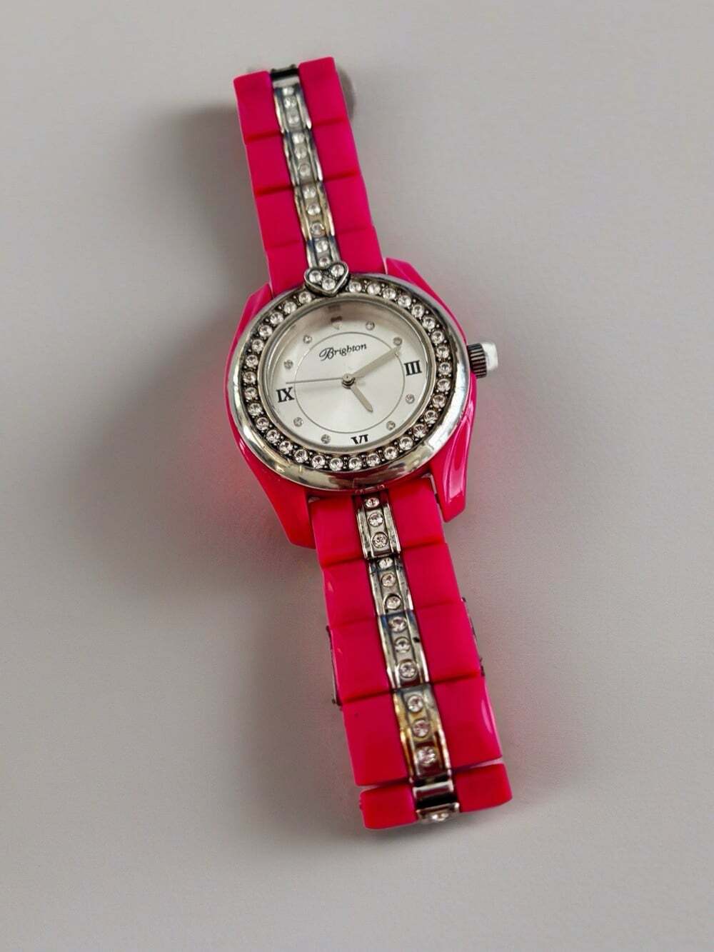 BRIGHTON 'Dana Point' Watch Pink Band Crystal Accents Silver Plate New Battery